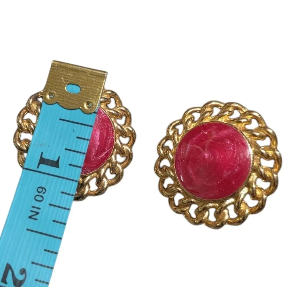 Vintage Gold Tone Swirl Cabochon Clip-On Earrings, Retro Round Statement Jewelry